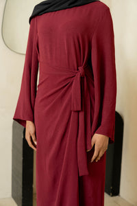 Wine Wrap Waist Linen Dress (PRE-ORDER)