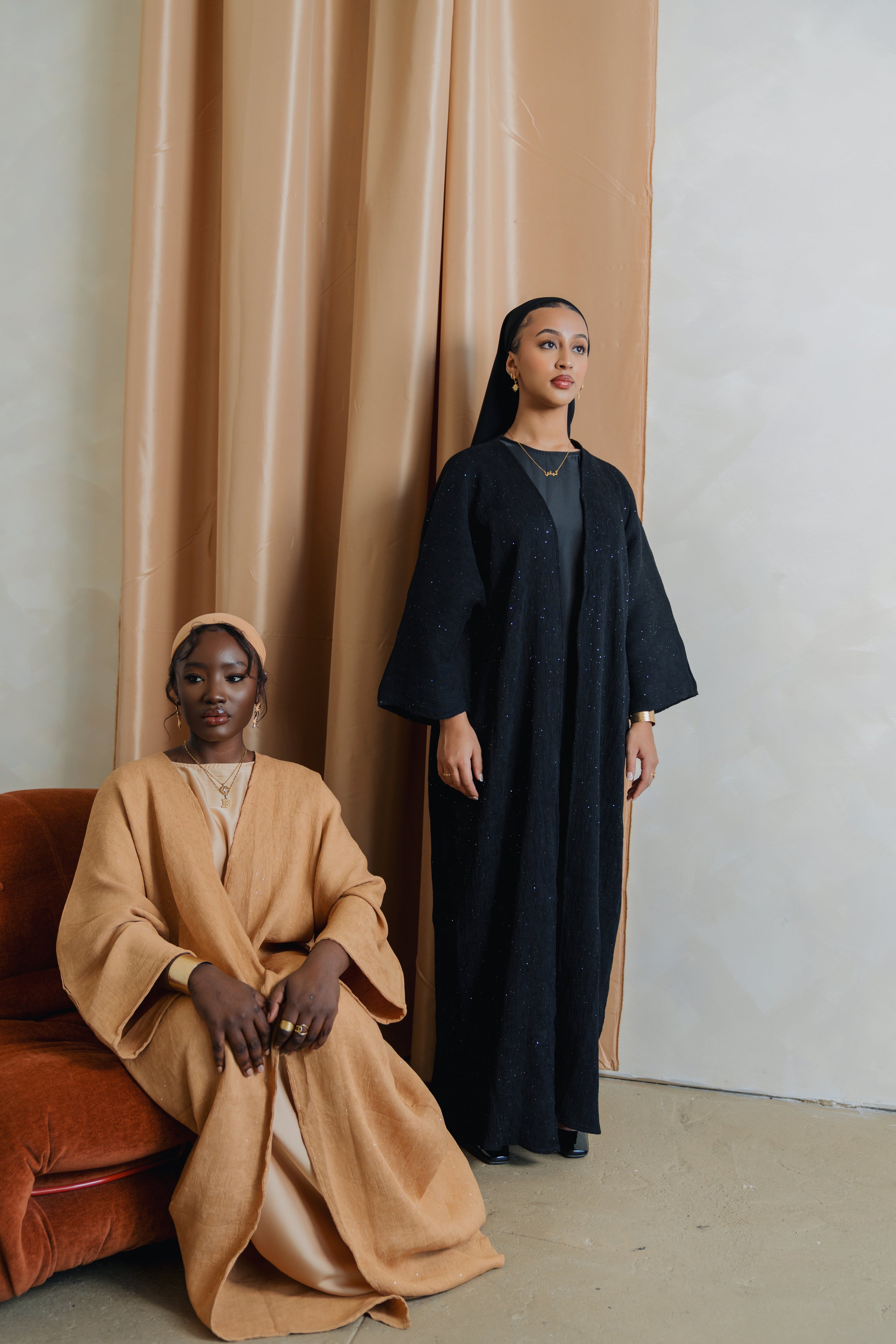 Shimmer Crinkle Open Abaya Set- Black
