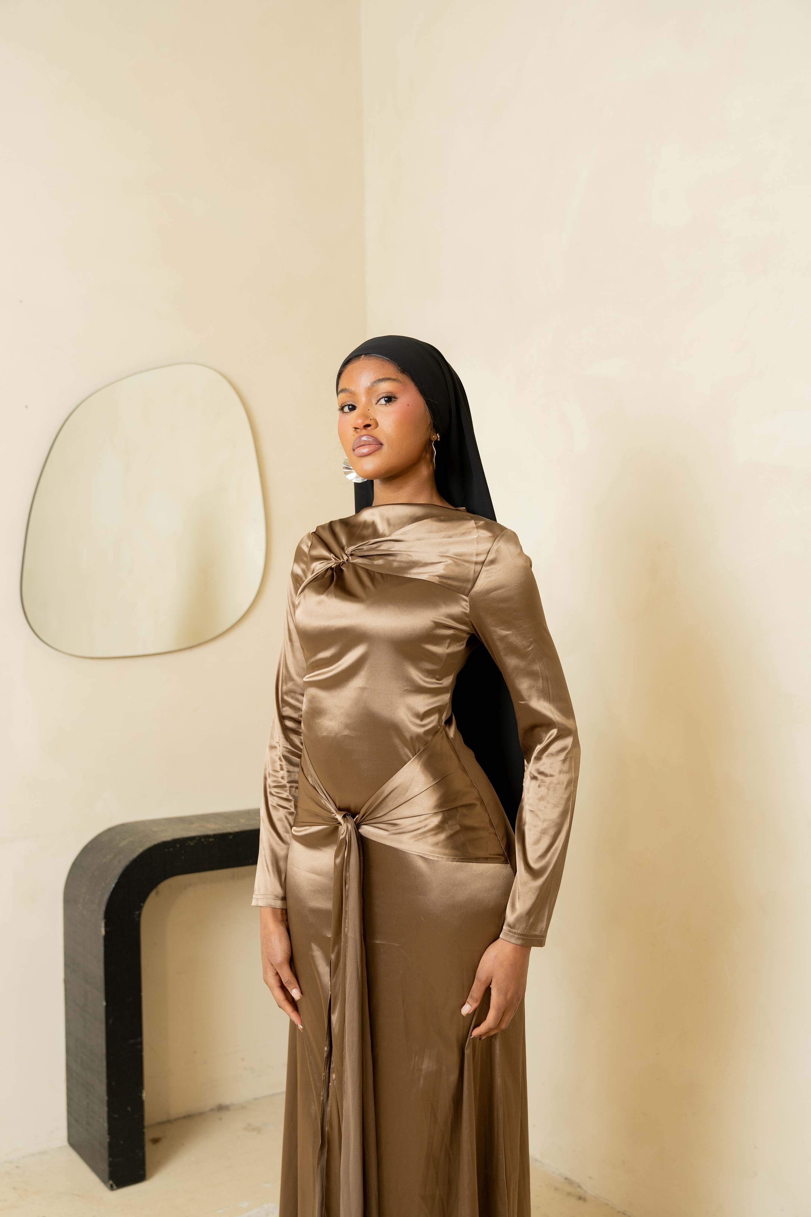 Gold Knot Front Tie Waist Satin Dress (PRE-ORDER)