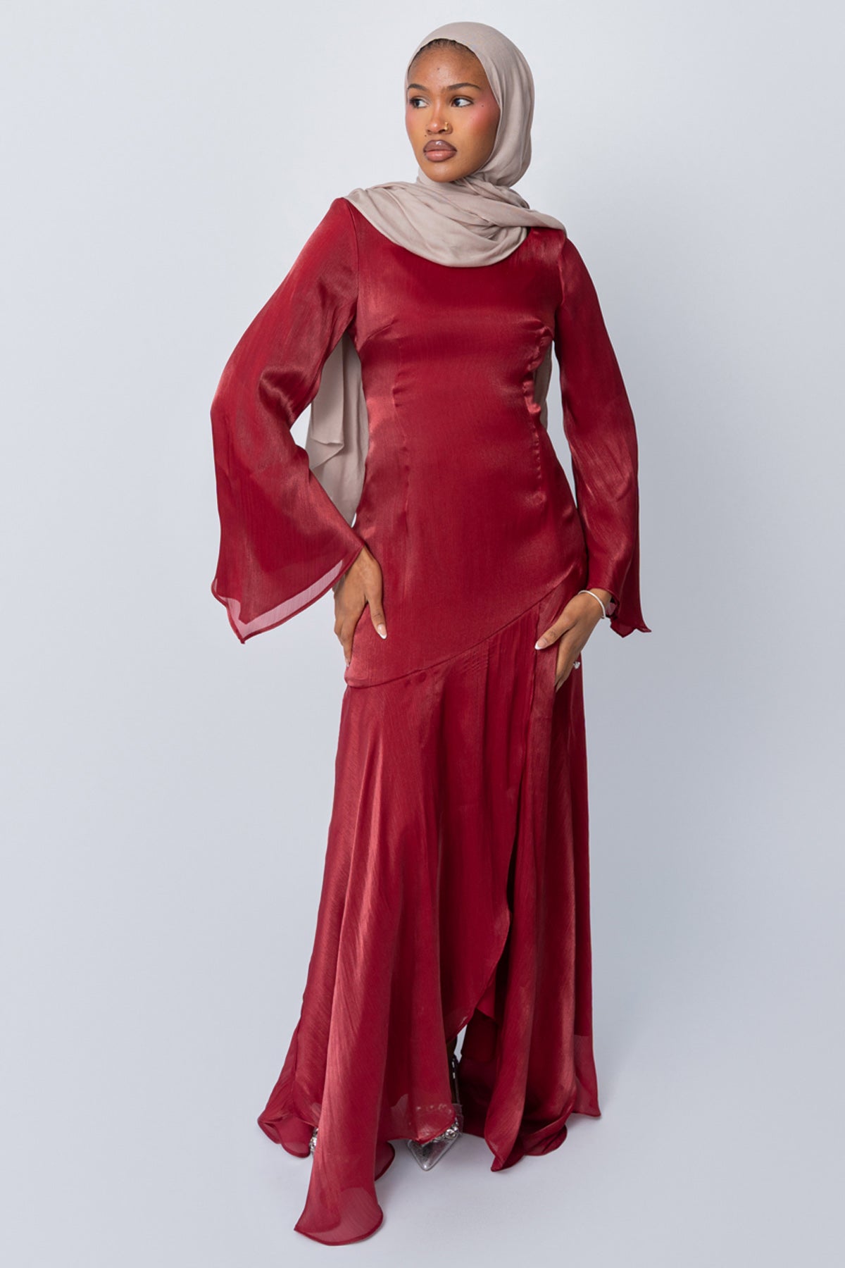 Wine Satin Tulip Dress (Pre-Order)