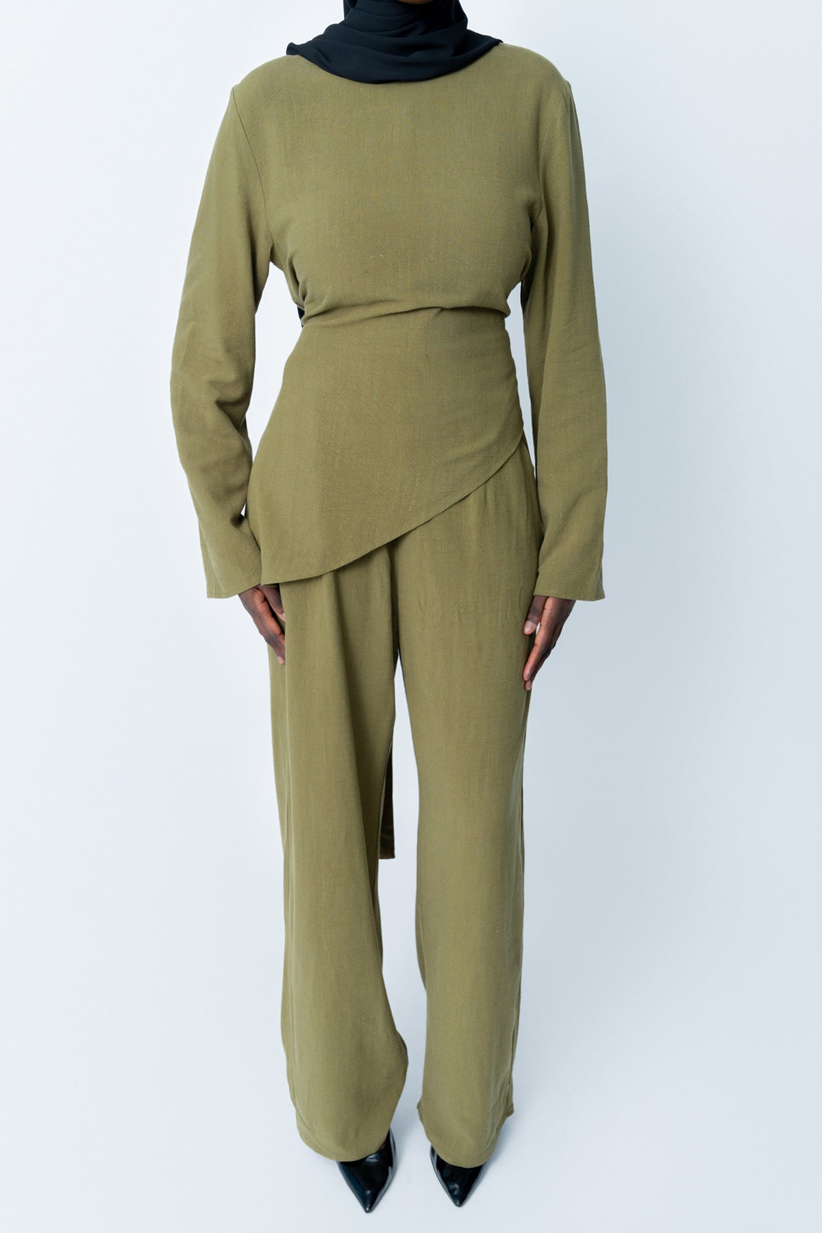 Khaki Asymmetrical Pants Set (Pre-Order)