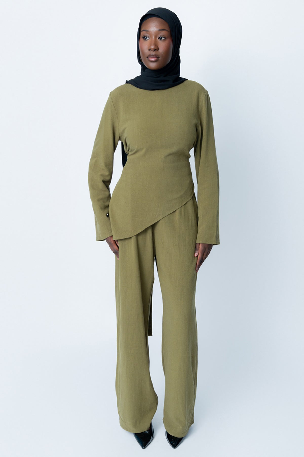 Khaki Asymmetrical Pants Set (Pre-Order)