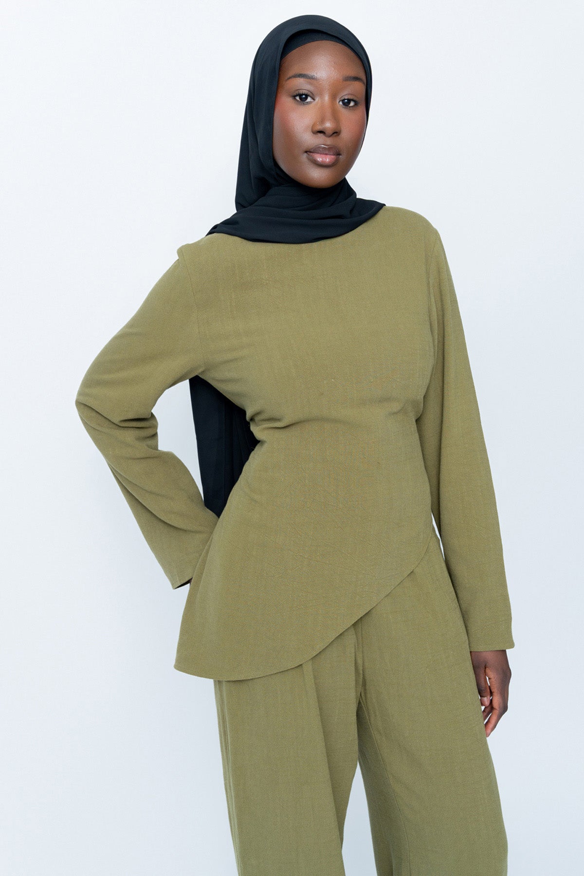 Khaki Asymmetrical Pants Set (Pre-Order)