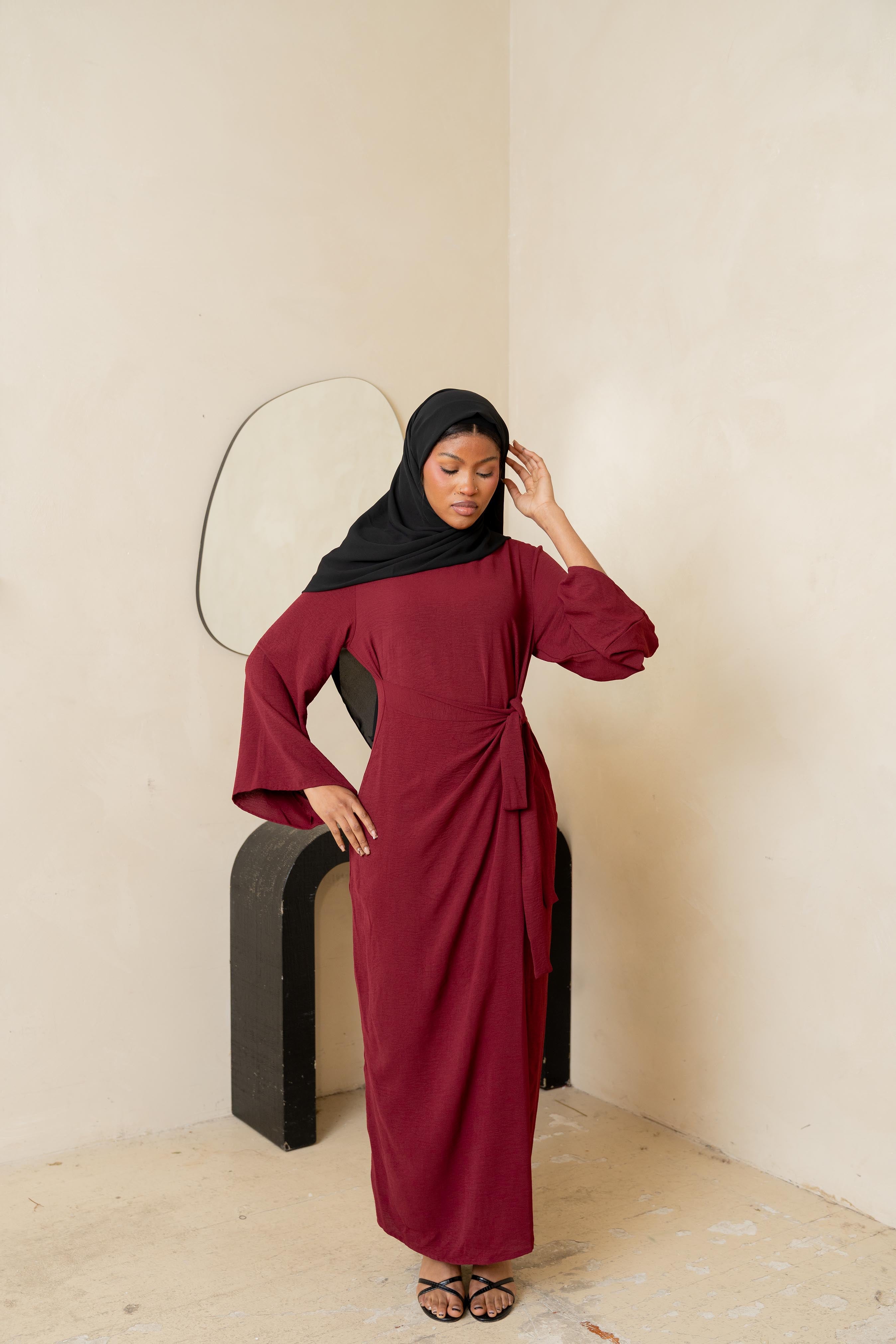 Wine Wrap Waist Linen Dress (PRE-ORDER)