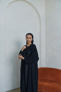 Shimmer Crinkle Open Abaya Set- Black