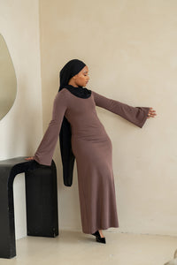 Wide Sleeve Maxi Knit Dress - Brown