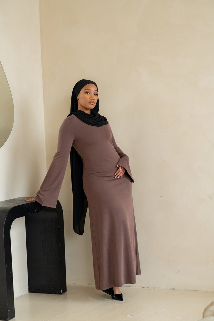 Wide Sleeve Maxi Knit Dress - Brown