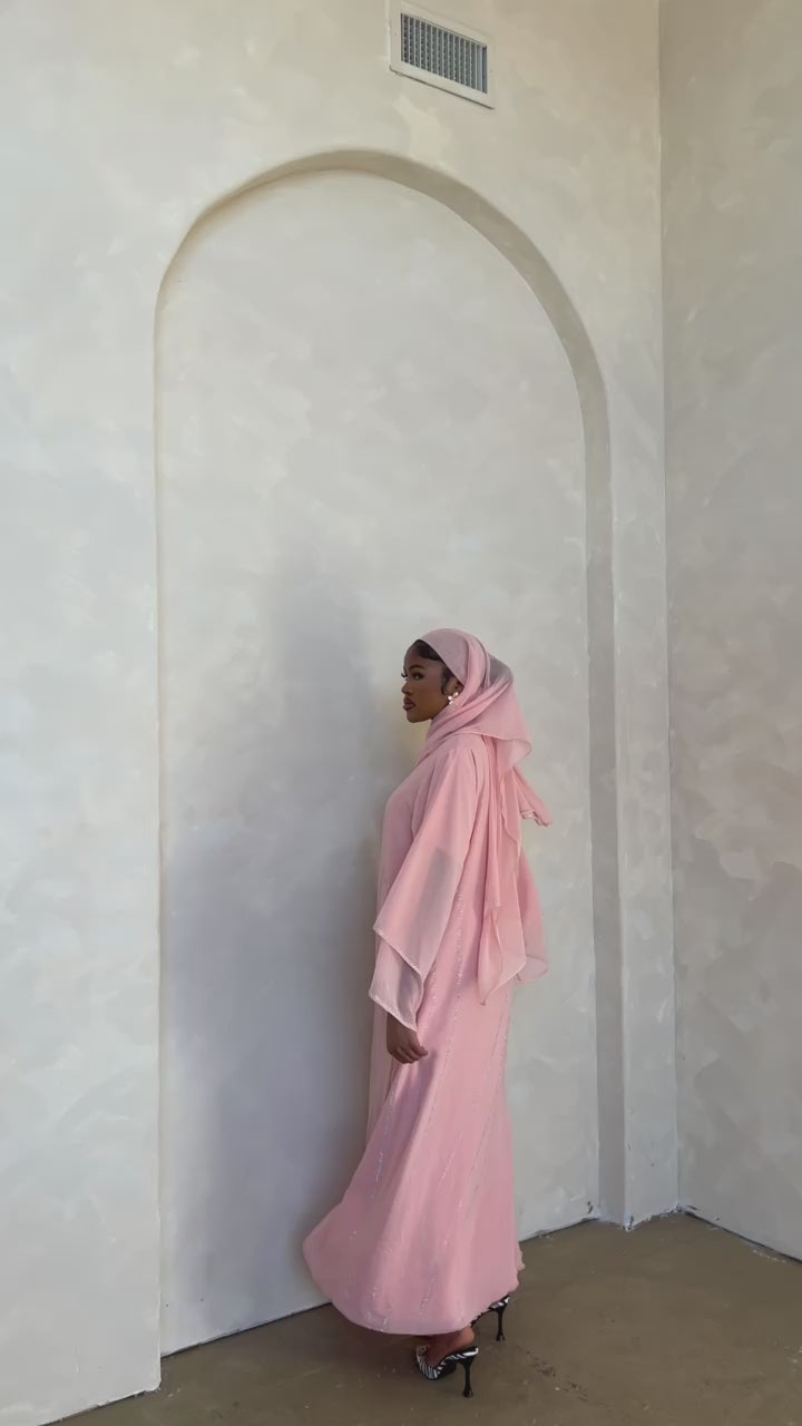 Pink Crystal Chiffon Abaya Set