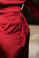 Load image into Gallery viewer, Wine Wrap Waist Satin Dress
