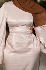 Load image into Gallery viewer, Beige Bell Sleeve Satin Dress
