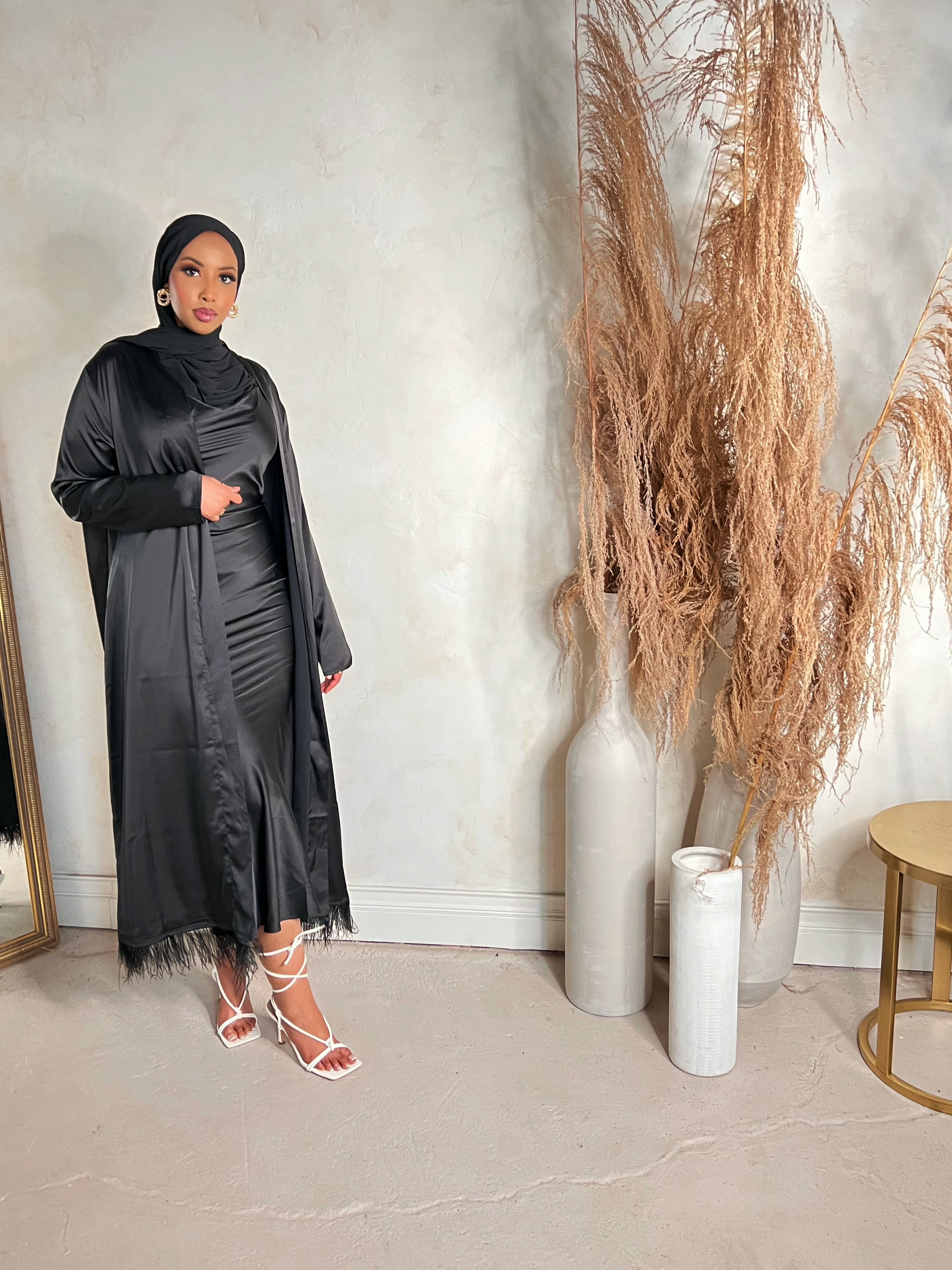 Black Feather Open Abaya Set