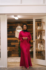 Load image into Gallery viewer, Magenta Satin Flare Sleeve Dress
