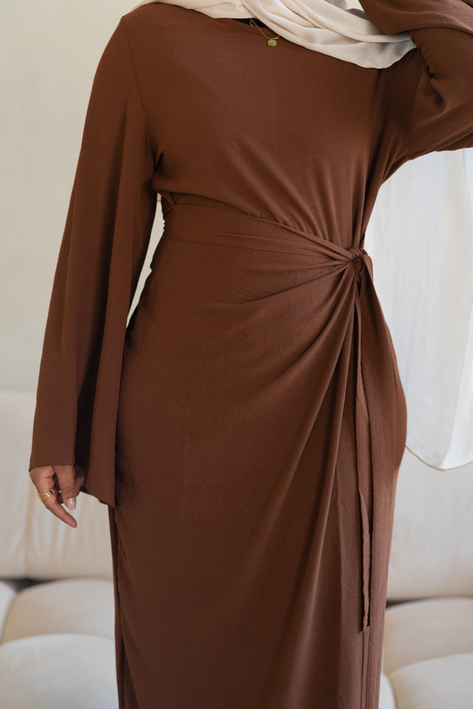 Brown Wrap Waist Linen Dress