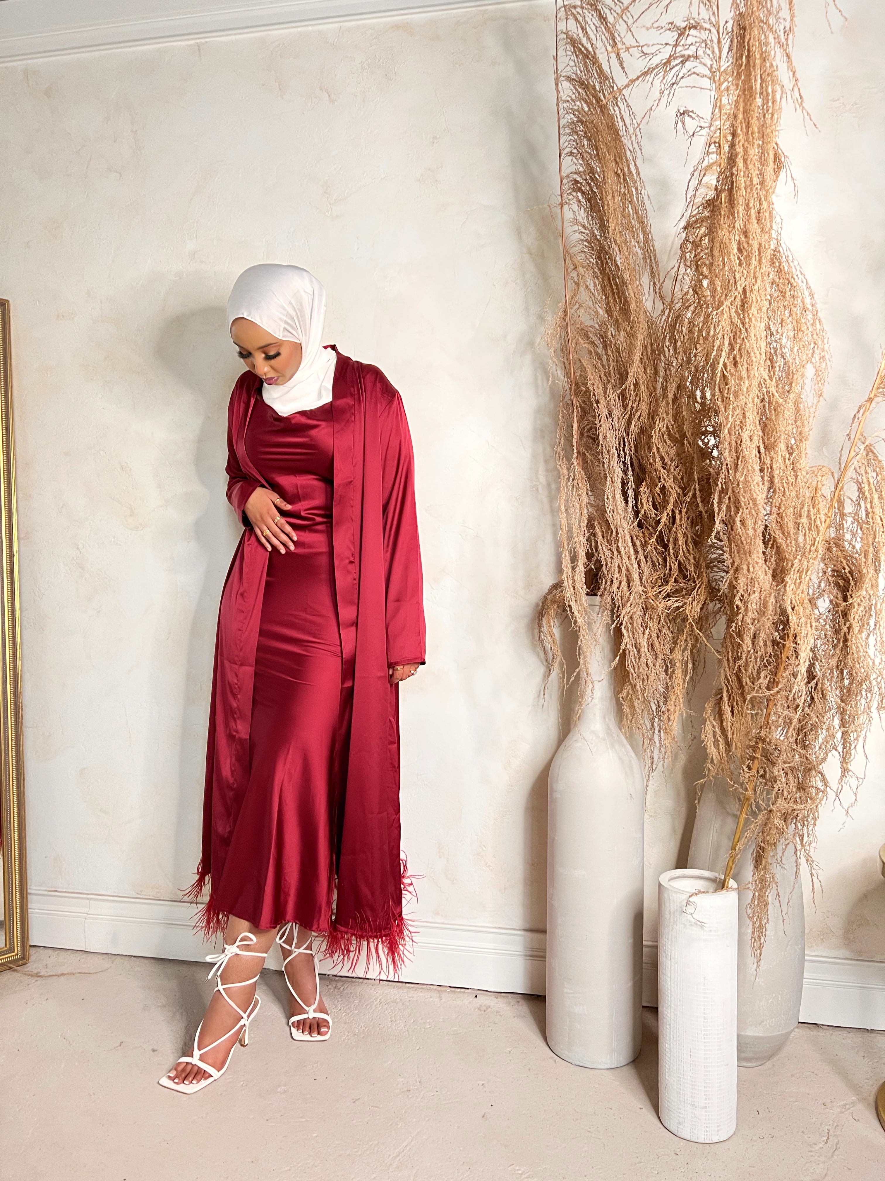Wine  Feather Open Abaya Set
