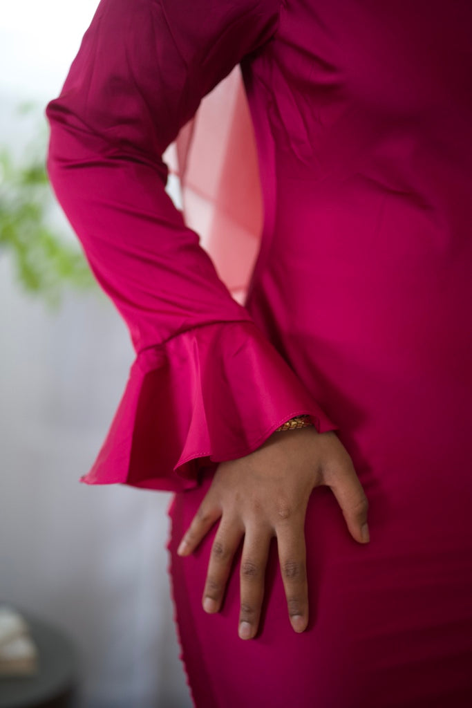 Magenta Satin Flare Sleeve Dress