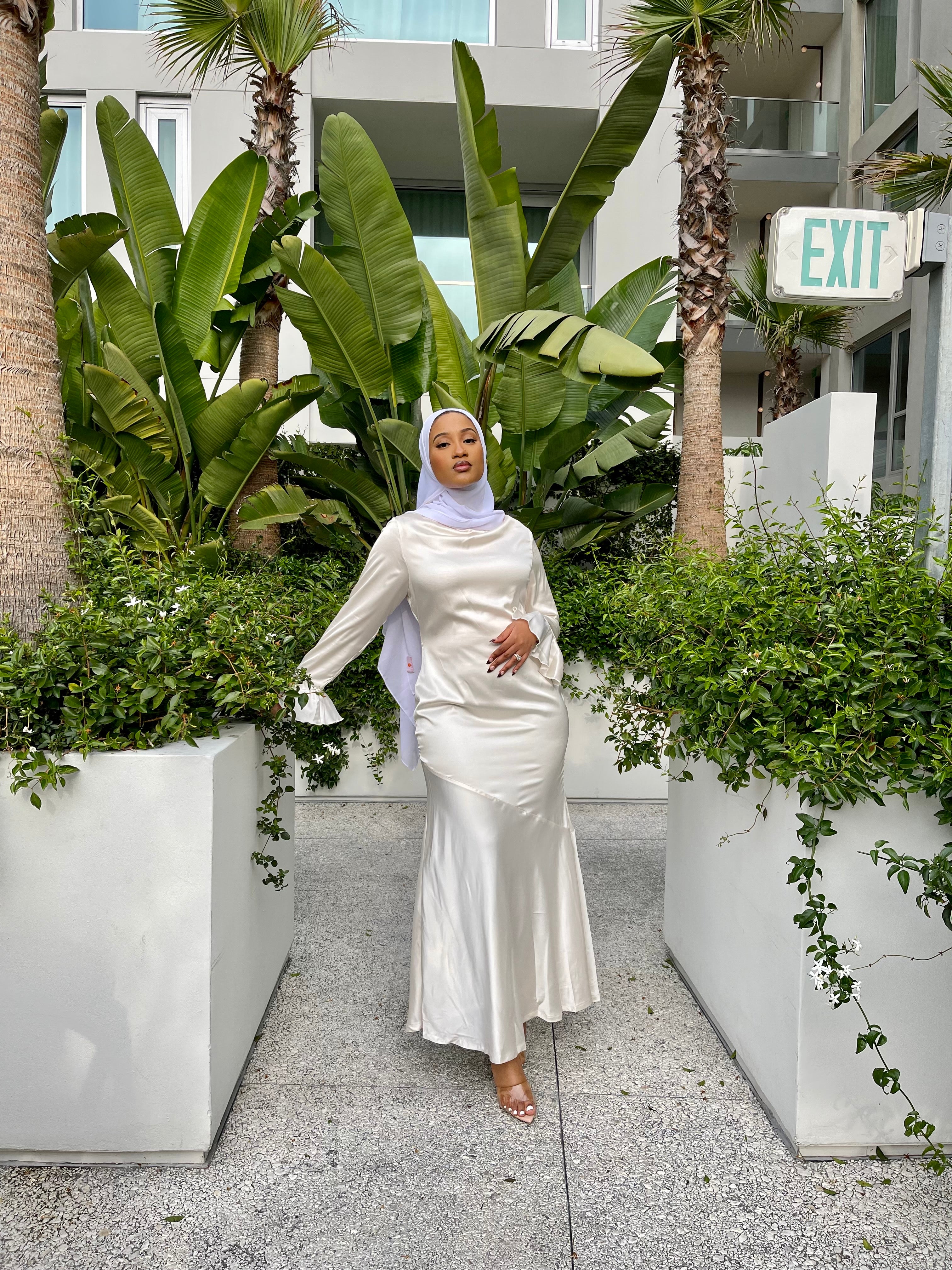Ivory Satin Flare Sleeve Dress – ShopFatimaDiallo